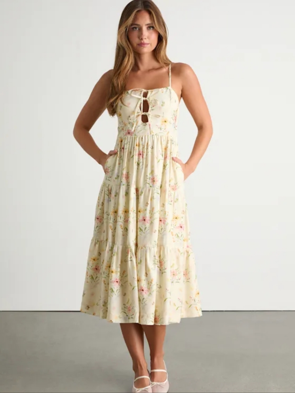 Lulus Nattie Pale Yellow Garden Floral Tie-Front Tiered Midi Dress Romantic